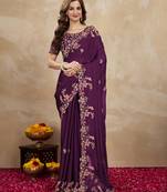 Purple Silk blend Embroidered Saree With Blouse 