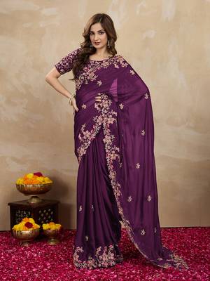 Trendmalls Purple Silk blend Embroidered Saree With Blouse  2