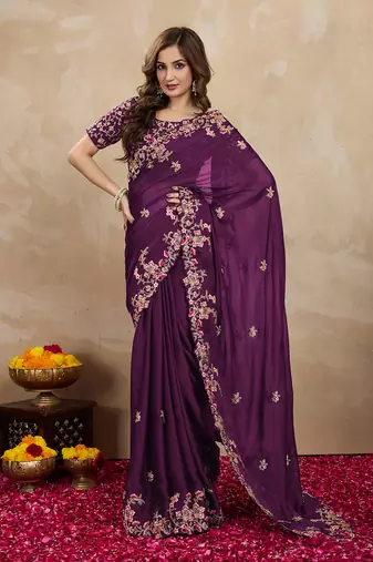 Trendmalls Purple Silk blend Embroidered Saree With Blouse 