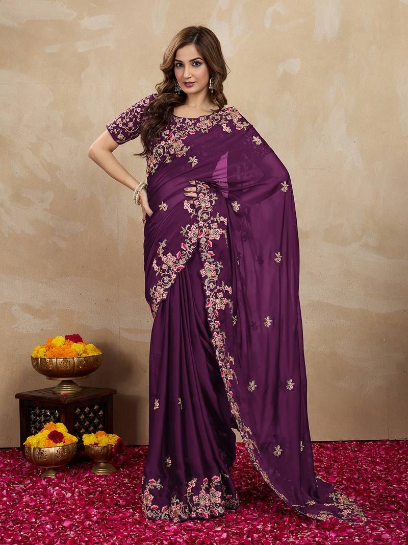 Purple Silk blend Embroidered Saree With Blouse 