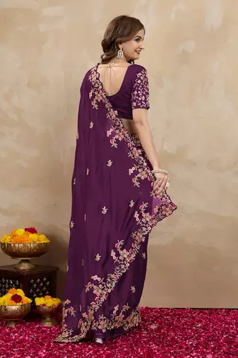 Trendmalls Purple Silk blend Embroidered Saree With Blouse 