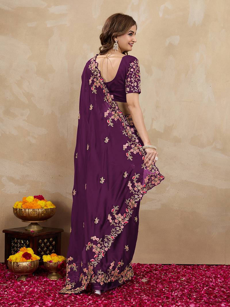 Purple Silk blend Embroidered Saree With Blouse 