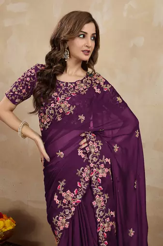 Trendmalls Purple Silk blend Embroidered Saree With Blouse 
