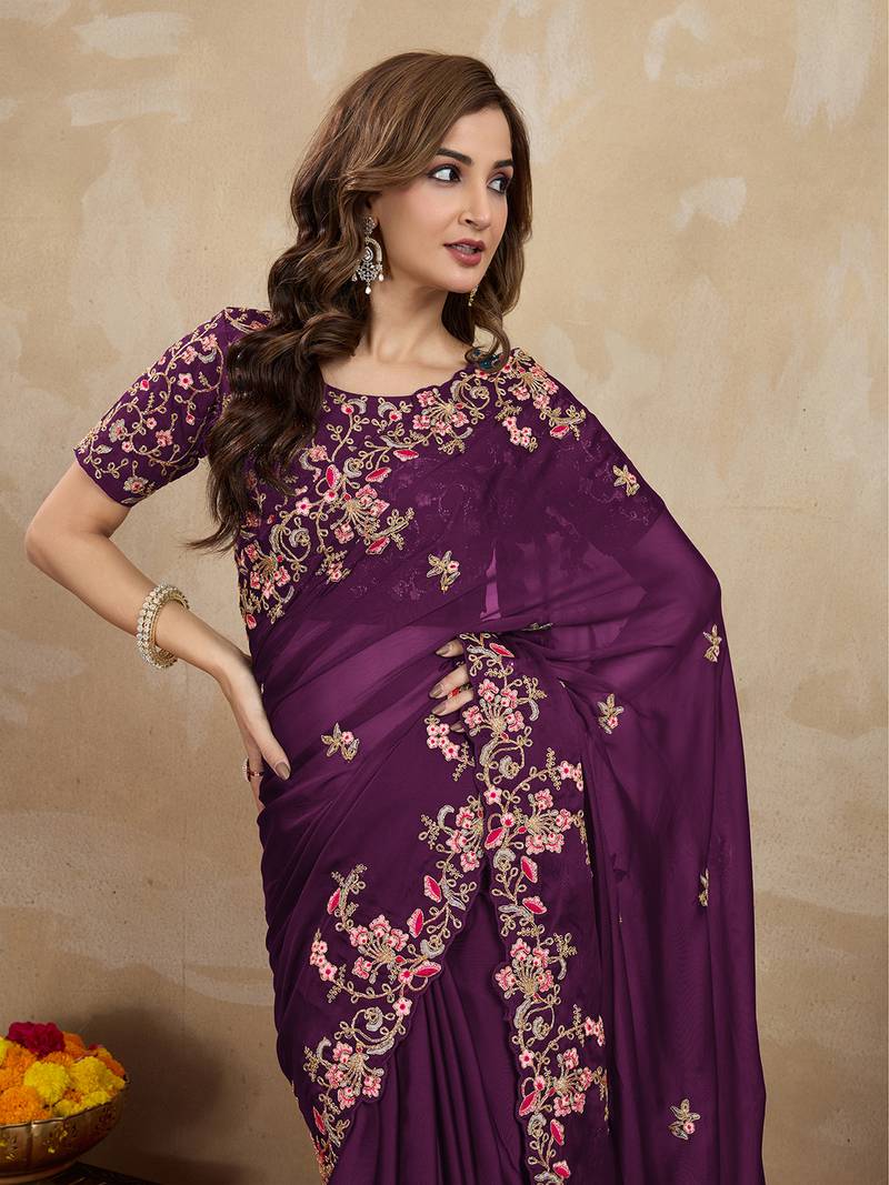 Purple Silk blend Embroidered Saree With Blouse 