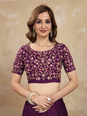 Trendmalls Purple Silk blend Embroidered Saree With Blouse  5