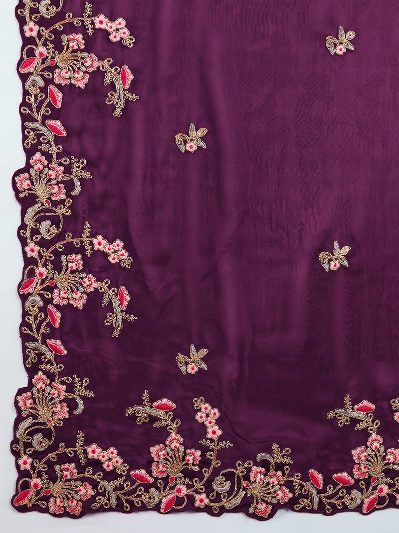 Purple Silk blend Embroidered Saree With Blouse 