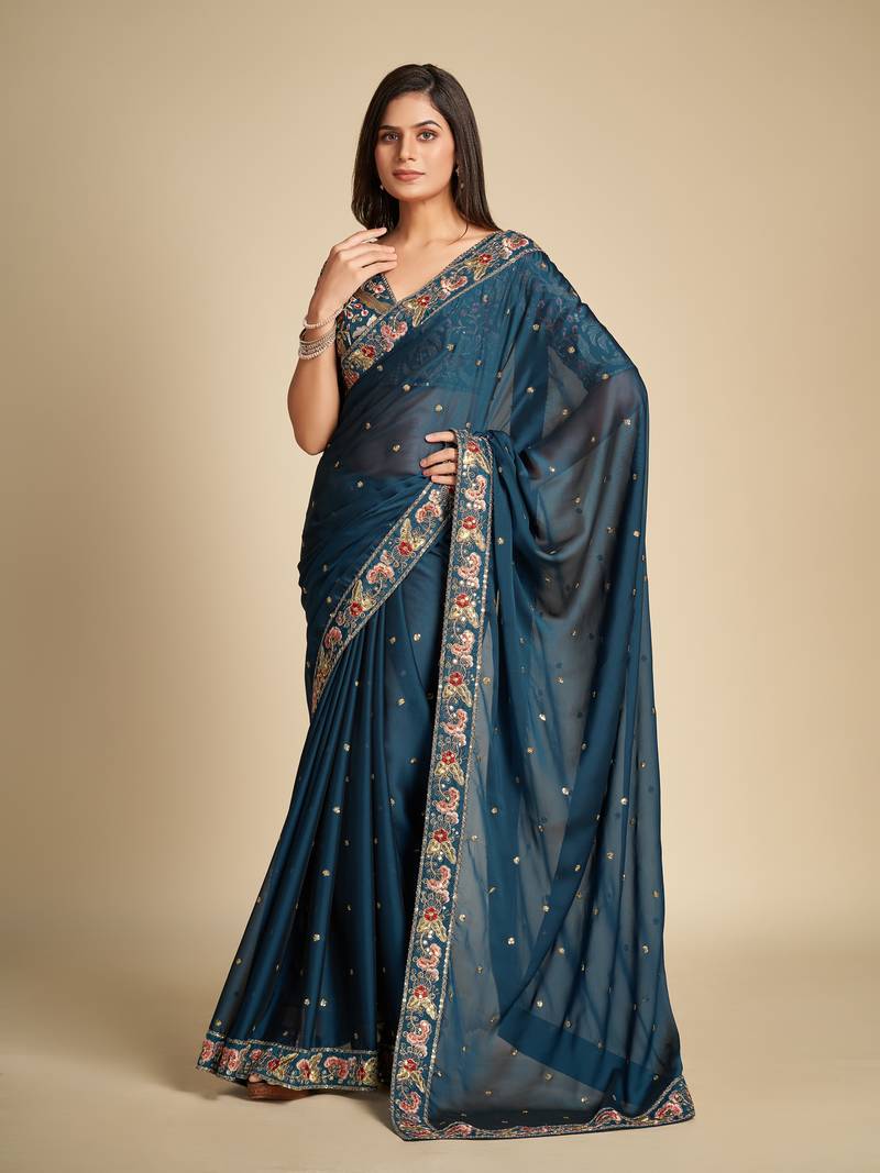 TRENDMALLS Damen Sari Kunstseide Mit Stickerei - Lila Mit Goldenen Verzierungen