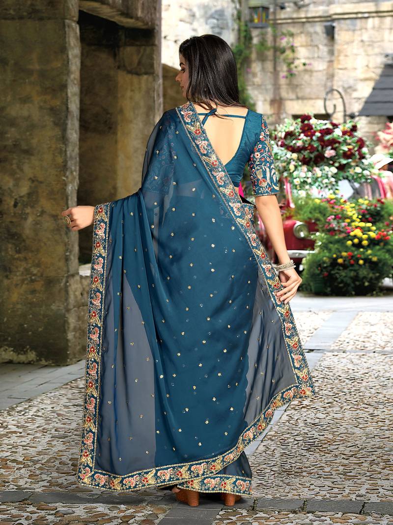 Trendmalls  Morpeach Rangoli Silk Heavy Embroidered Party Wear Saree With Blouse