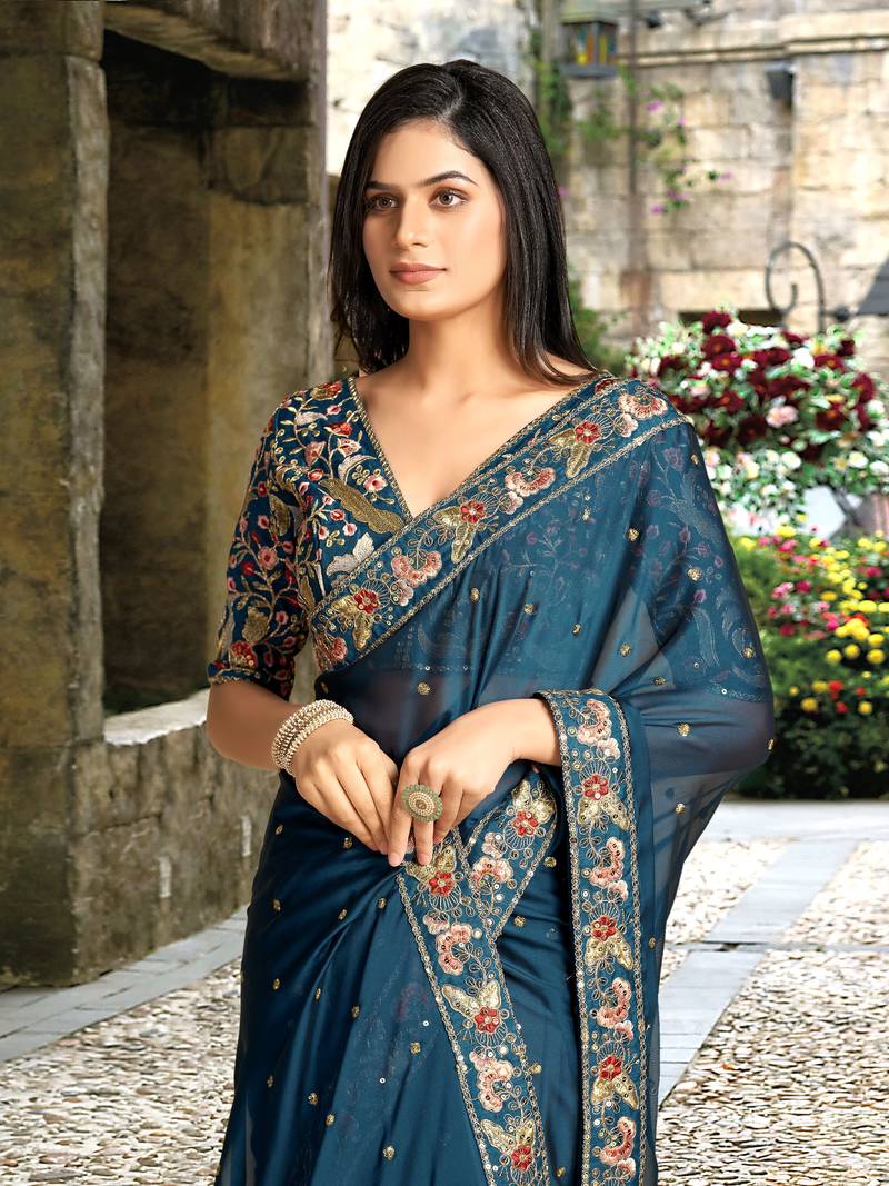 Trendmalls  Morpeach Rangoli Silk Heavy Embroidered Party Wear Saree With Blouse