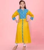 Aarika girls yellow-white colour cotton printed-solid kurti legging set