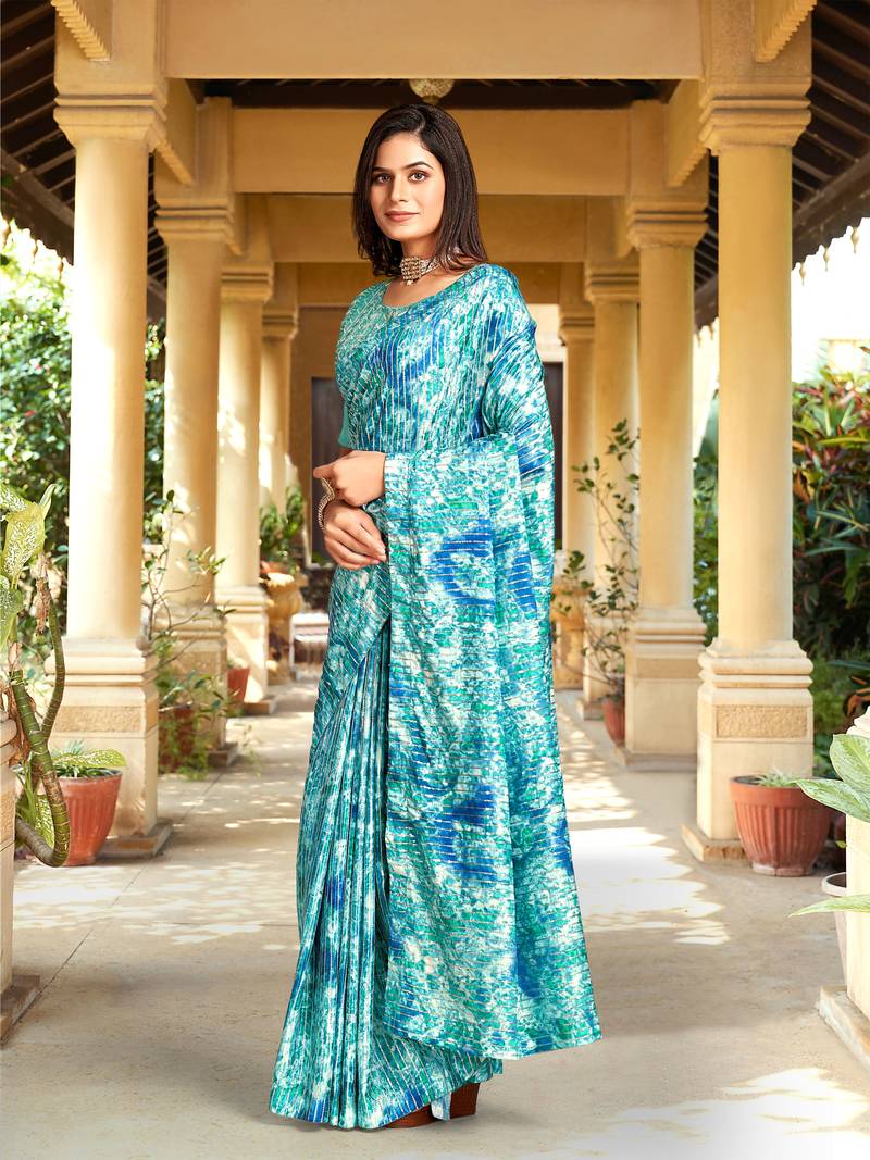 Trendmalls  Sky Blue Heavy Georgette Heavy Print and Embroidered Party Wear Saree With Blouse