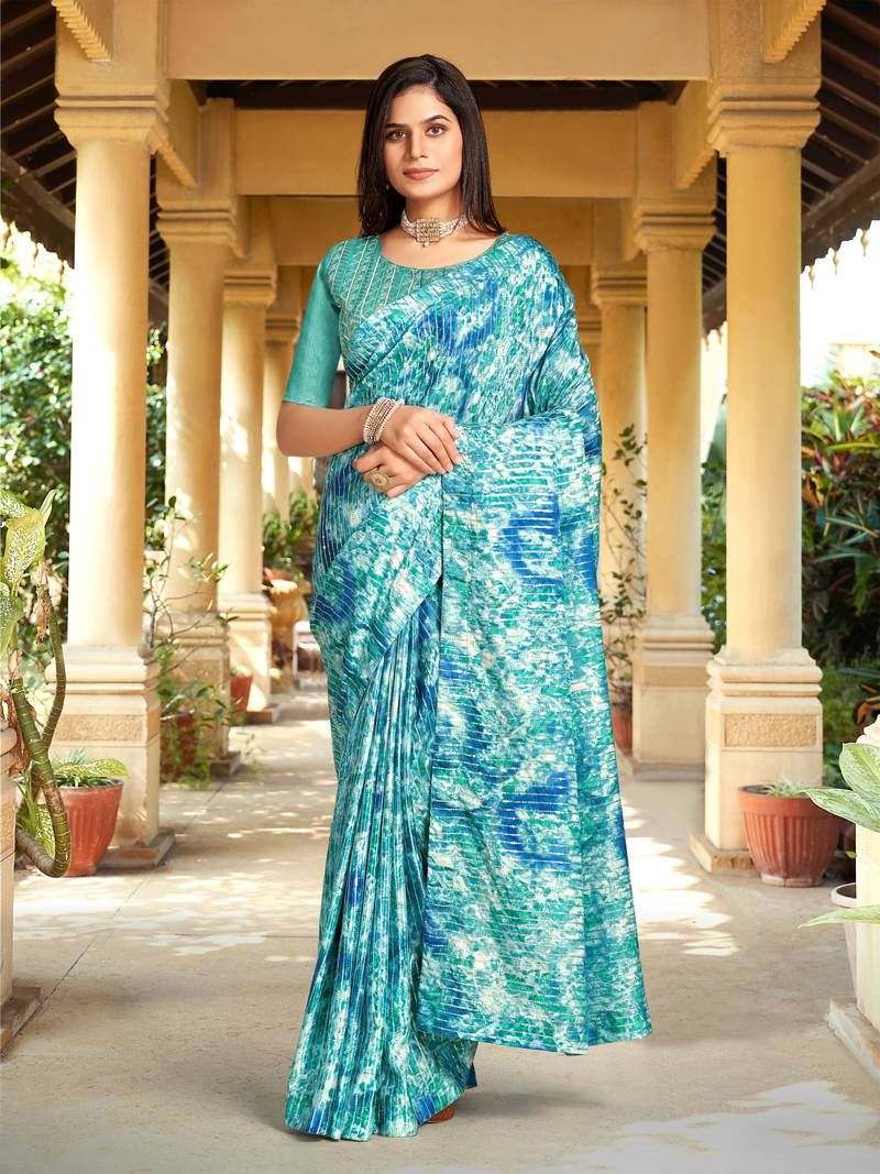 Trendmalls  Sky Blue Heavy Georgette Heavy Print and Embroidered Party Wear Saree With Blouse
