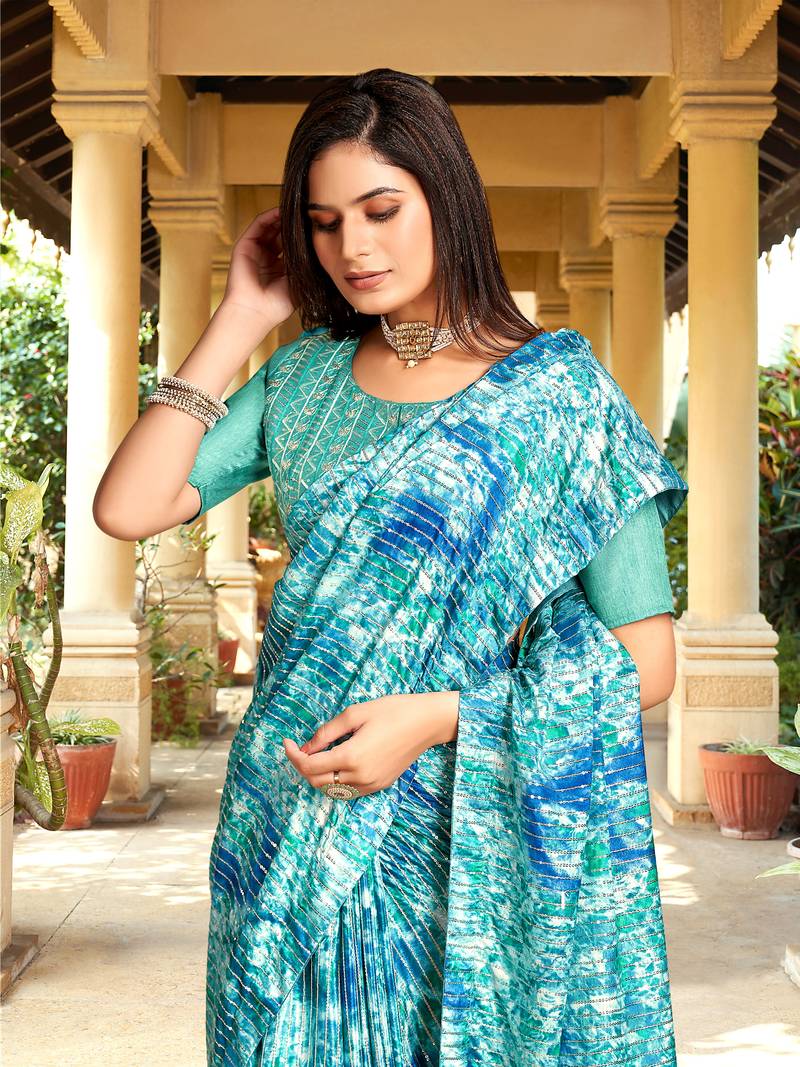 Trendmalls  Sky Blue Heavy Georgette Heavy Print and Embroidered Party Wear Saree With Blouse