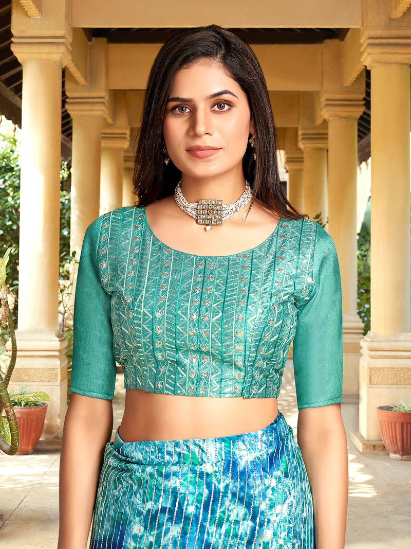 Trendmalls  Sky Blue Heavy Georgette Heavy Print and Embroidered Party Wear Saree With Blouse