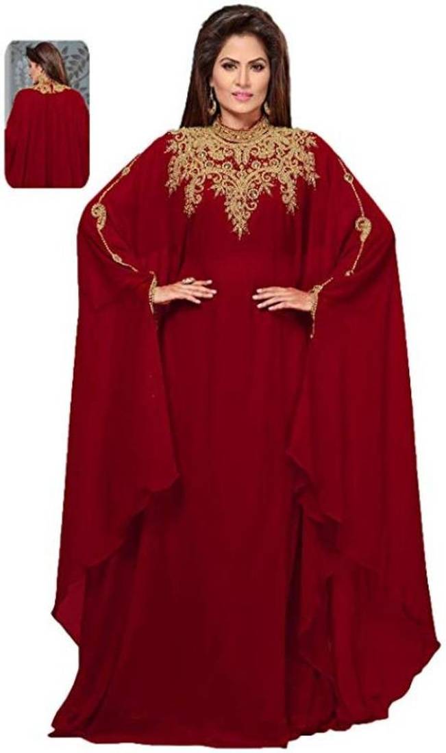 Maroon Zari & Stone Work Stitched Georgette Abaya