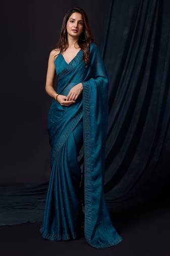 Dark Blue Embroided Chiffon Party Wear Saree