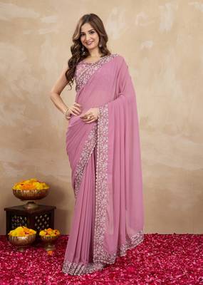 Pink Georgette Embroidery Work Trendy Saree 1