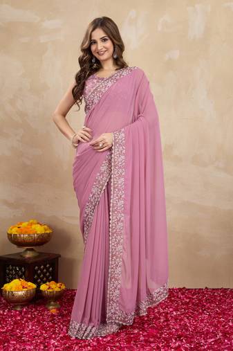 Pink Georgette Embroidery Work Trendy Saree