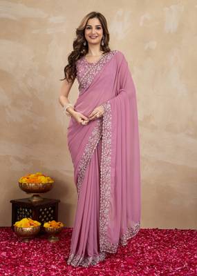Pink Georgette Embroidery Work Trendy Saree 2