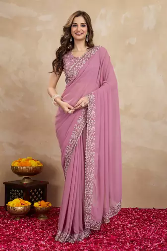 Trendmalls Pink Georgette Embroidery Work Trendy Saree