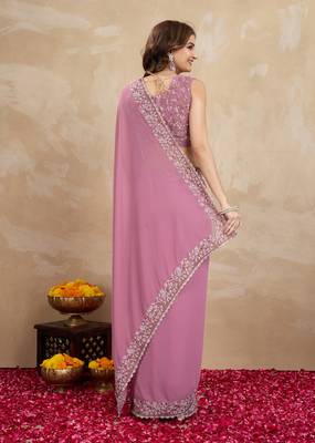 Pink Georgette Embroidery Work Trendy Saree 3