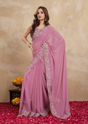 Pink Georgette Embroidery Work Trendy Saree 4