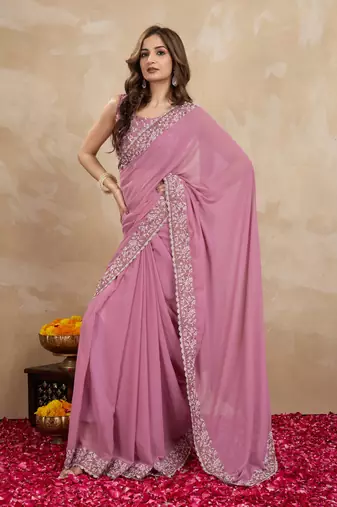 Trendmalls Pink Georgette Embroidery Work Trendy Saree