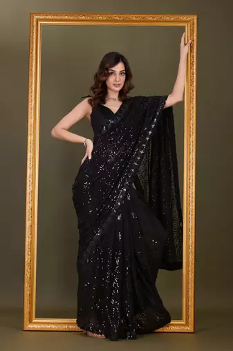 Trendmalls  Black Heavy Georgette Embroidery Sequence Fancy Work Party Wear Saree With Blouse