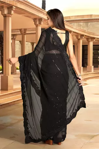 Trendmalls Women Black Georgette Embroidery With Sequence Work Party Wear Saree With Blouse 