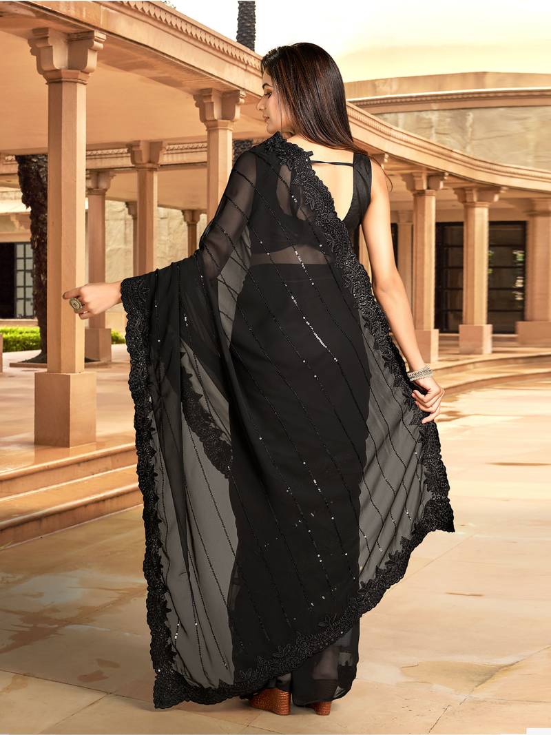 Women Black Georgette Embroidery With Sequence Work Party Wear Saree With Blouse 