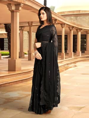 Trendmalls Women Black Georgette Embroidery With Sequence Work Party Wear Saree With Blouse  3
