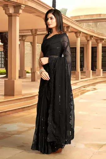 Trendmalls Women Black Georgette Embroidery With Sequence Work Party Wear Saree With Blouse 