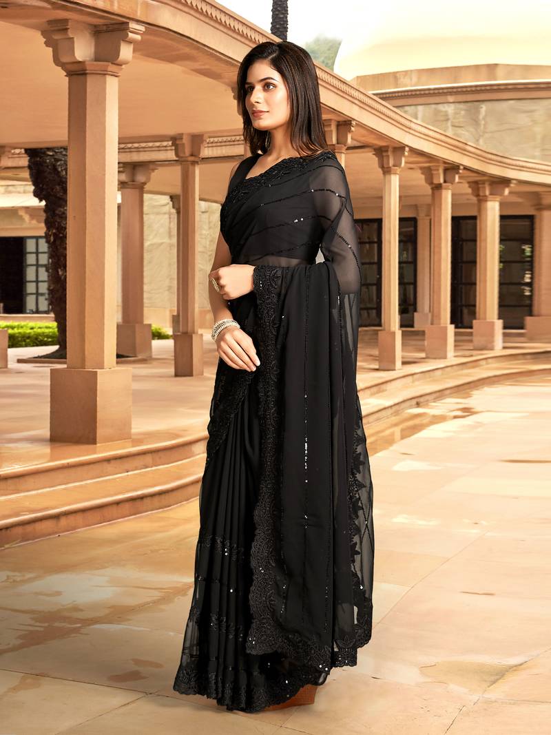 Women Black Georgette Embroidery With Sequence Work Party Wear Saree With Blouse 