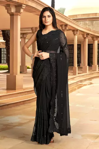 Trendmalls Women Black Georgette Embroidery With Sequence Work Party Wear Saree With Blouse 