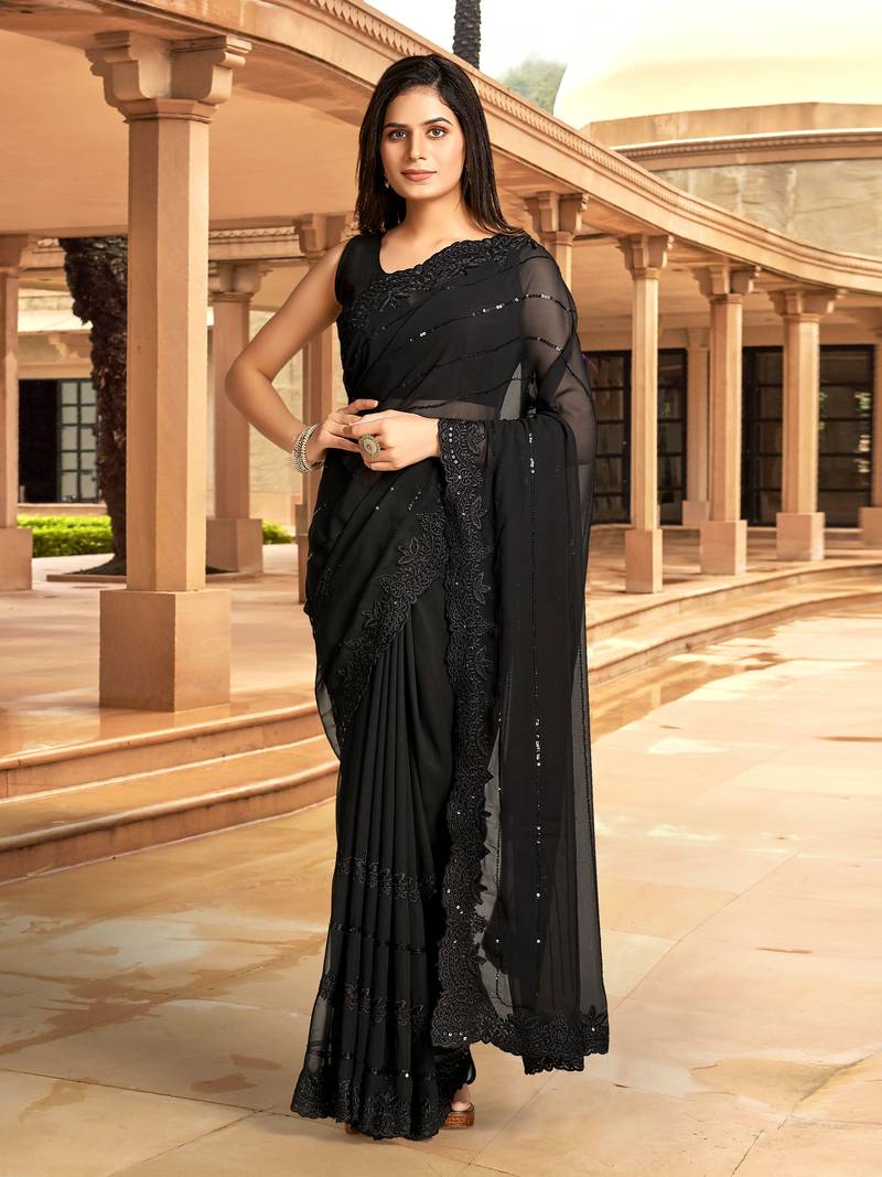 Women Black Georgette Embroidery With Sequence Work Party Wear Saree With Blouse 