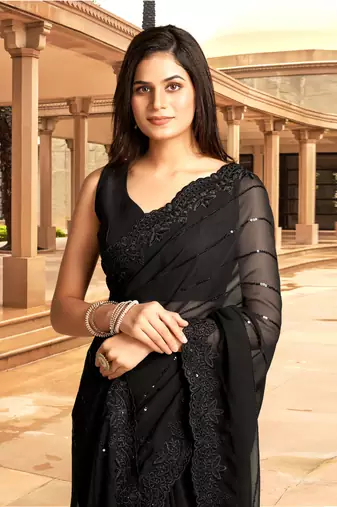 Trendmalls Women Black Georgette Embroidery With Sequence Work Party Wear Saree With Blouse 
