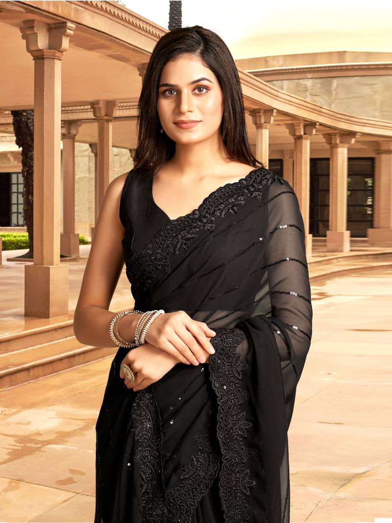 Women Black Georgette Embroidery With Sequence Work Party Wear Saree With Blouse 