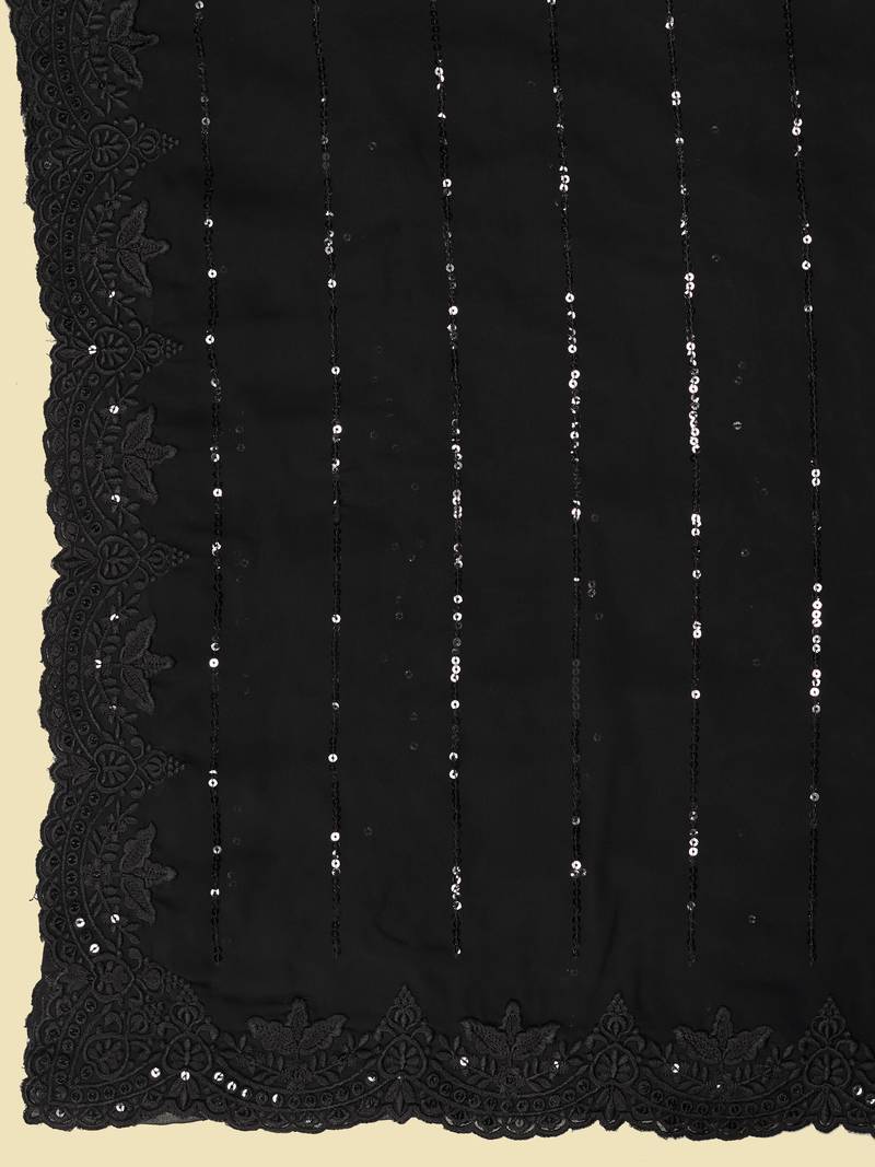 Women Black Georgette Embroidery With Sequence Work Party Wear Saree With Blouse 