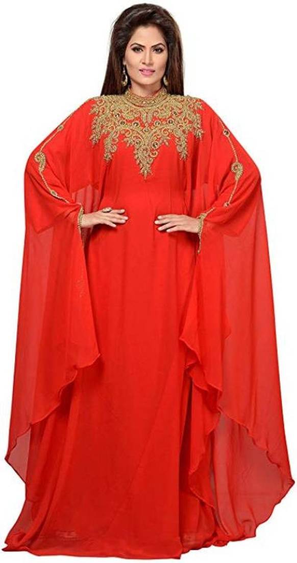 Red Zari & Stone Work Stitched Georgette Abaya Party Dress