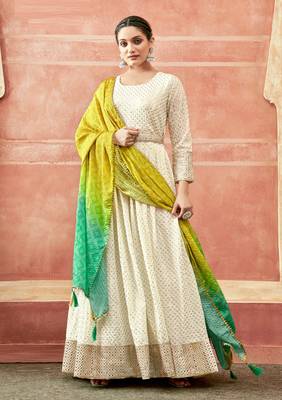 White sequins georgette semi-stitch with dupatta 1