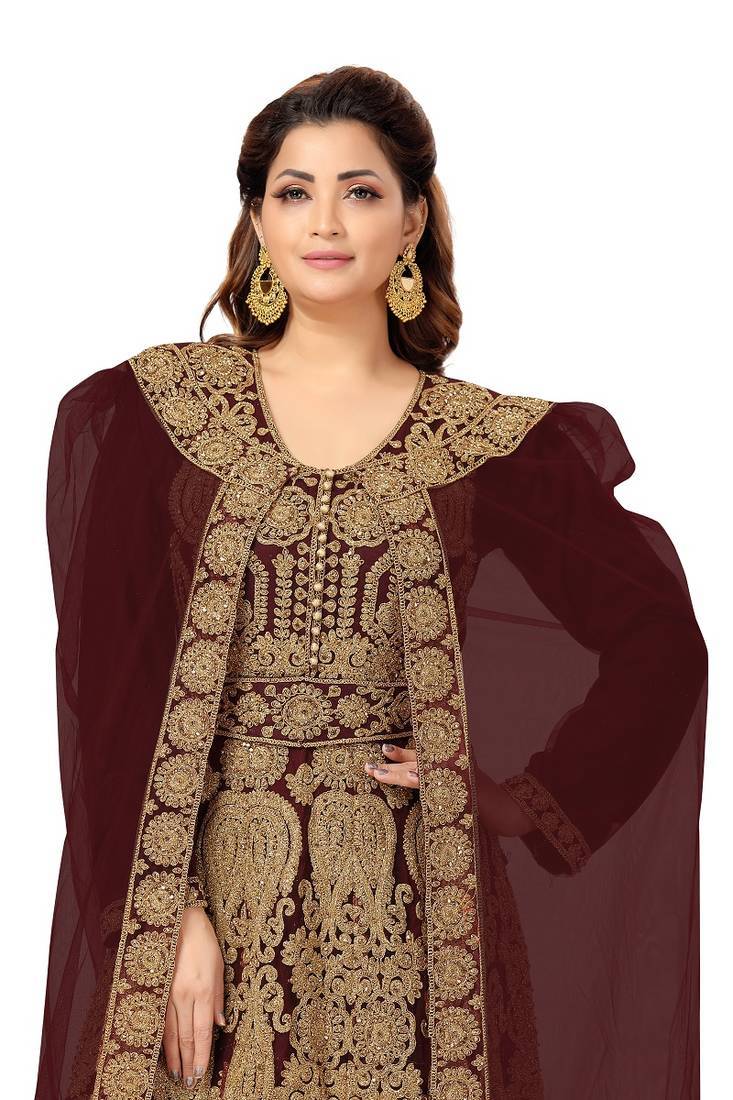 Brown Aari & Stone Work Stitched Georgette Kaftan Wedding Dress