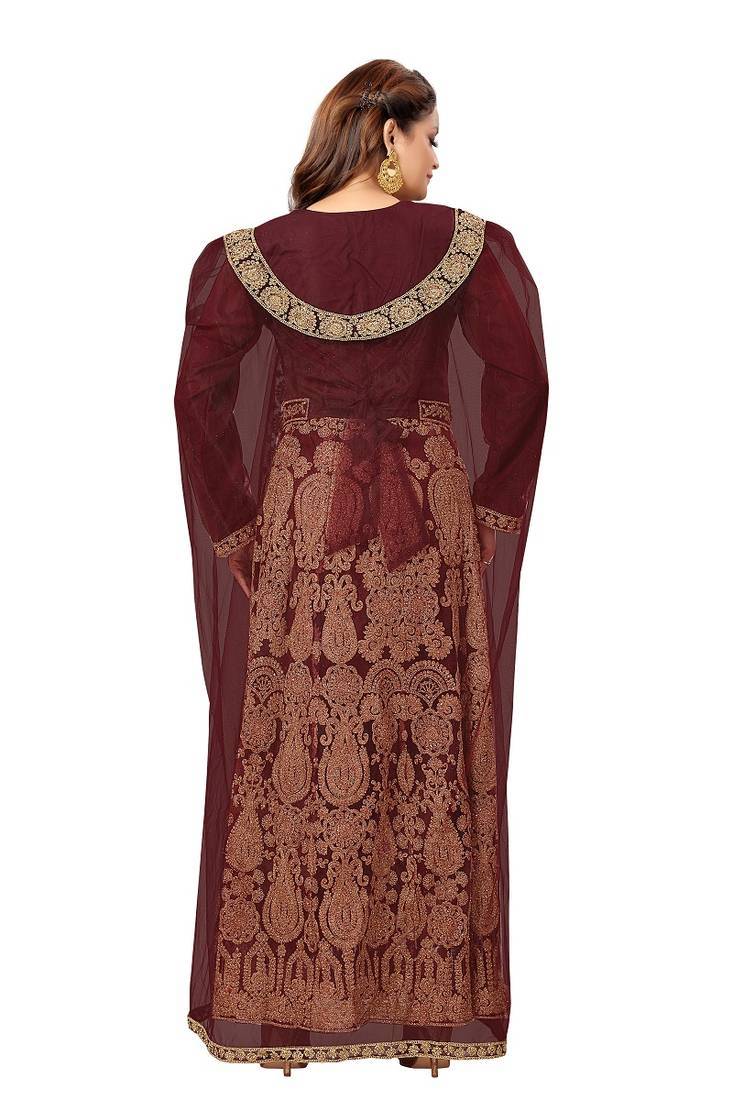 Brown Aari & Stone Work Stitched Georgette Kaftan Wedding Dress