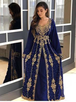 Navy Blue Georgette Stone and Zari Work Wedding Kaftan 1