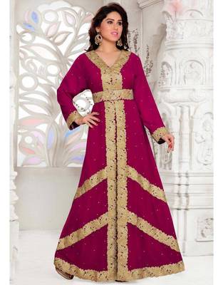 Wine Aari & Stone Work Stitched Georgette Kaftan Wedding Dress 3