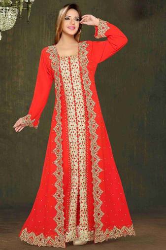 Red Zari & Lace Work Stitched Georgette Kaftan Wedding Dress