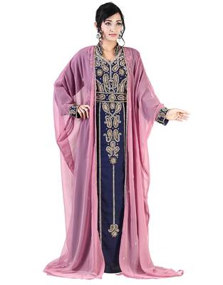 Peach-Navy Blue Zari & Stone Work Stitched Georgette Kaftan Wedding Dress 2
