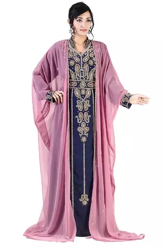 Peach-Navy Blue Zari & Stone Work Stitched Georgette Kaftan Wedding Dress