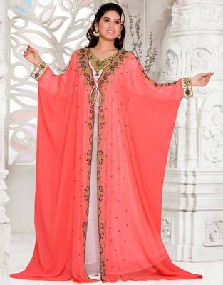 Peach-White Zari & Stone Work Stitched Georgette Kaftan Wedding Dress 4
