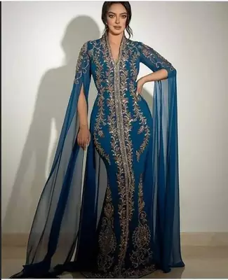 Regal Blue Wedding Kaftan Gown with Gold Embellishments 1