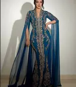 Regal Blue Wedding Kaftan Gown with Gold Embellishments